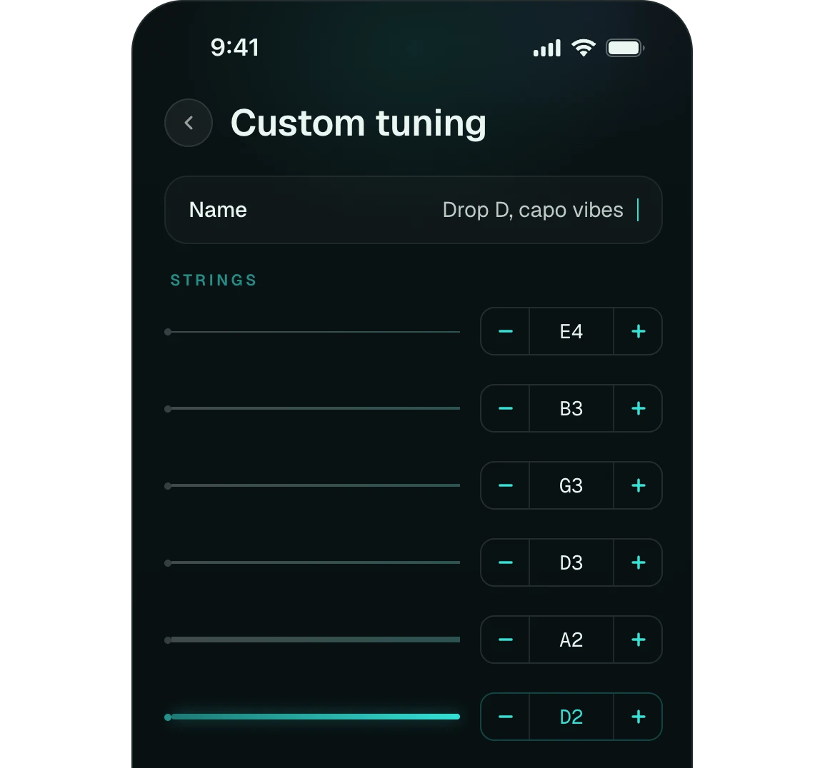 Sointi on Android showing the custom tuning builder