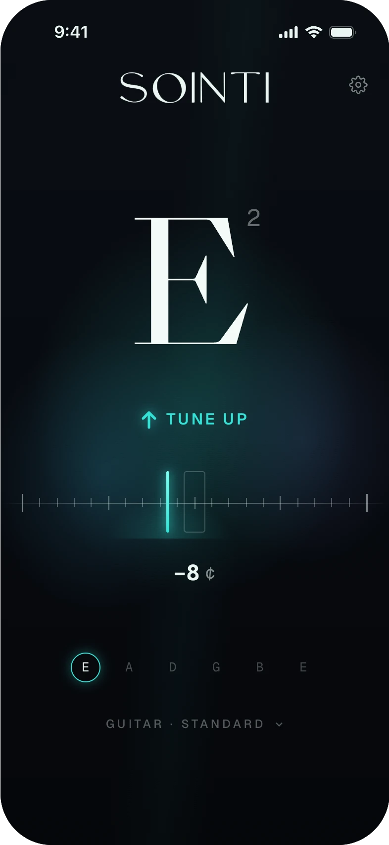 Sointi tuner showing a low E string 8 cents flat, with the instruction to tune up